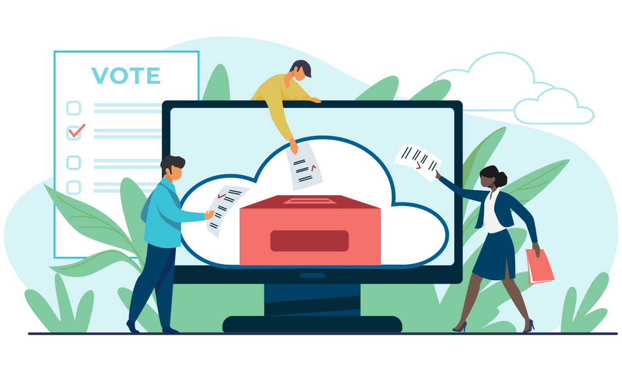 Three people dropping ballots into a digital ballot box