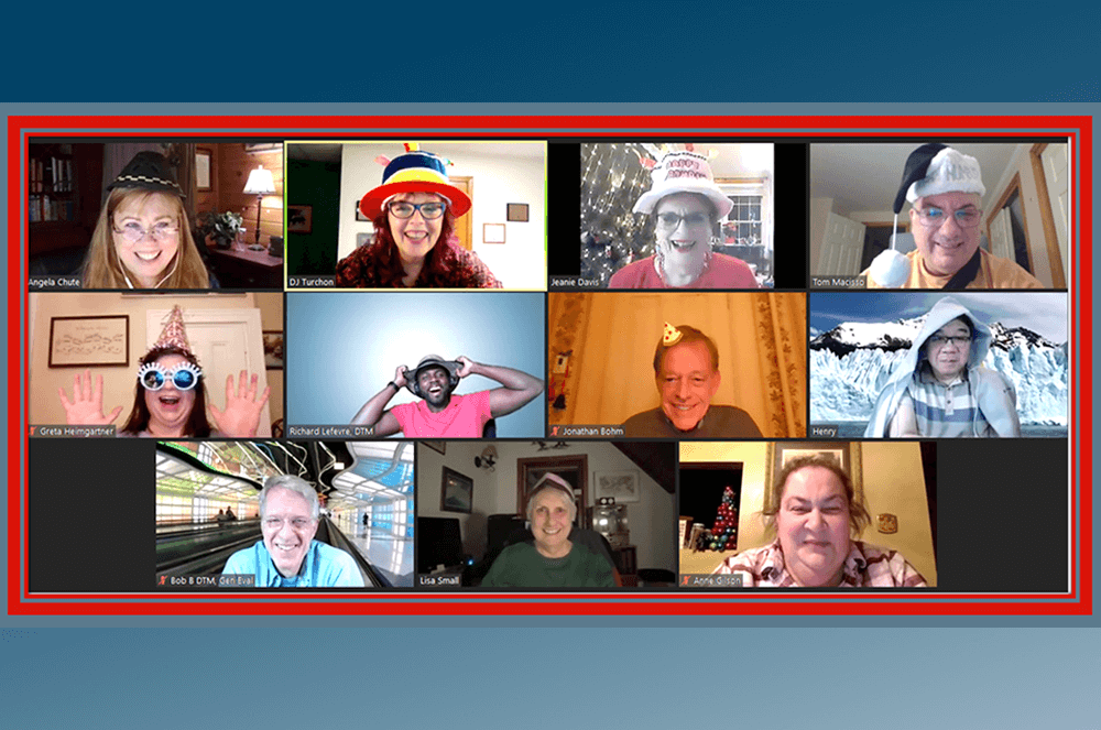 People wearing hats on Zoom meeting 